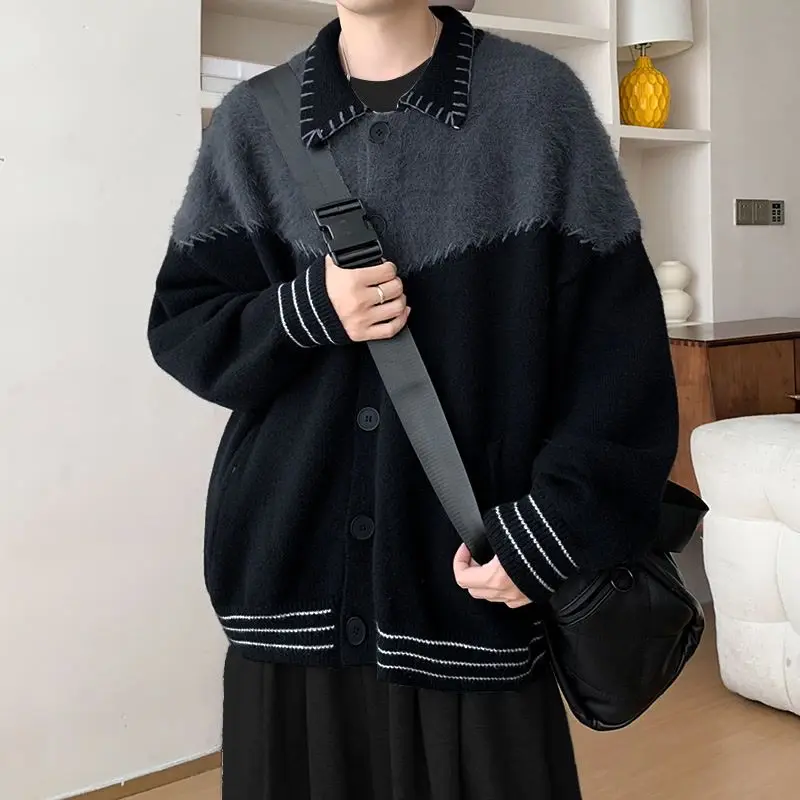 

Trendy Men's Designer Color Block Polo Button Cardigan American Retro Knitwear Spring Autumn Oversized Casual Outerwear