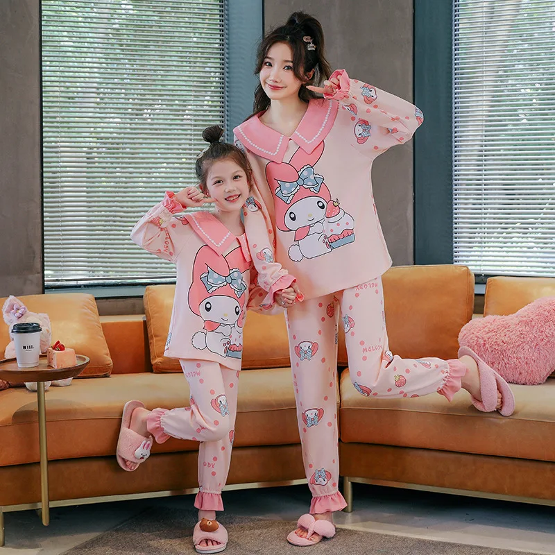 My Melody Sanrios Printing Pajamas Long Sleeves Trousers Cardigan Cotton Fashion Can Be Worn Outside Lounge Clothes Suit