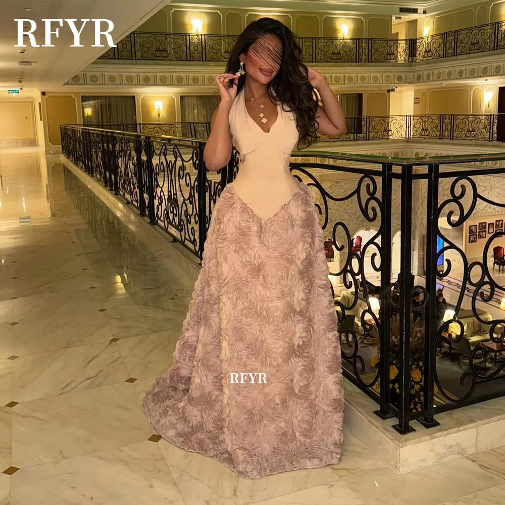 

RFYR Halter Evening Dress with 3D Flowers Luxury Party Gown for Women Elegant Prom Dresses vestidos de fiesta Customized