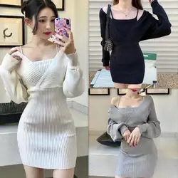 Fake Two Piece Knitted Dress Women Long Sleeve Backless Wrapped Hip Short Mini Dress