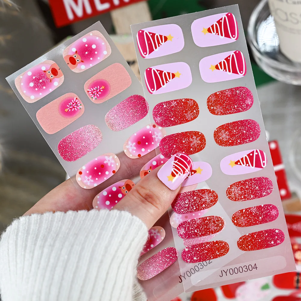 16 Tips Glitter Christmas Nail Gel Stickers 3D Shiny Snowflake Christmas Tree Baking-Free Nail Strips Full Cover Manicure Decals
