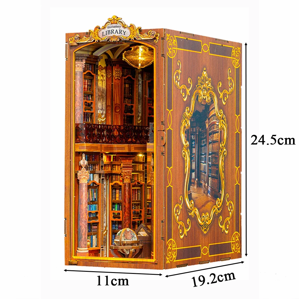 DIY Wooden Book Nook Shelf Insert Miniature Model Kits Monastery Library Bookshelf Handmade Bookend for Friends Birthday Gifts