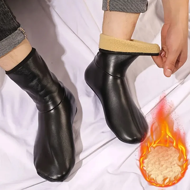 

36-42 Утолщенные флисовые зимние теплые носки из искусственной кожи, высокие носки-тапочки для взрослых, водонепроницаемые кожаные носки с противоскользящей подошвой для мужчин