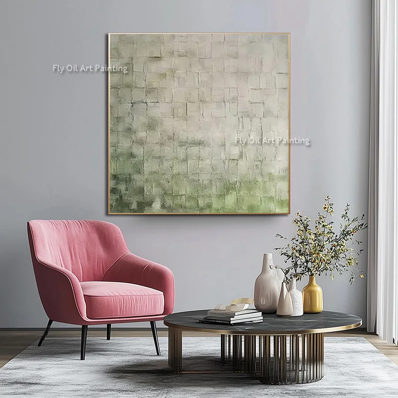 Thick Texture Geometric Green Block Abstract Canvas Oil Painting Hand Drawn Neutral Black Grey Artwork For Home Wall Decor