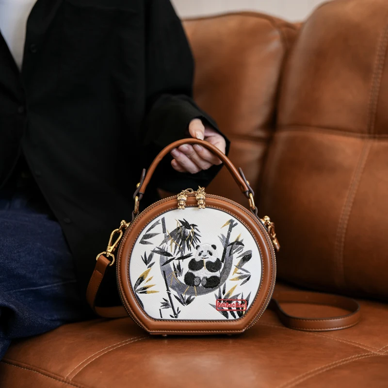 

Cute panda pattern ladies' handbag,Chinese-style panda embroidery design women's single-shoulder crossbody bag,round bag purse