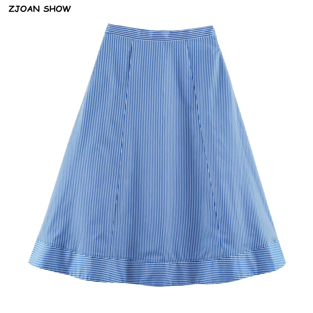 Fashion Women Blue White Stripes Midi Skirt Zipper Waist A-lined Swing A-lined Umbrella Skirts Bottom