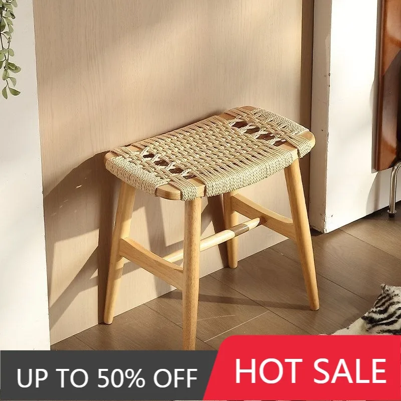 Solid Wood Weaving Stool Retro Portable Single Multifunctional Rope Woven Stools Entrance Change Shoes Stool Indoor Furniture