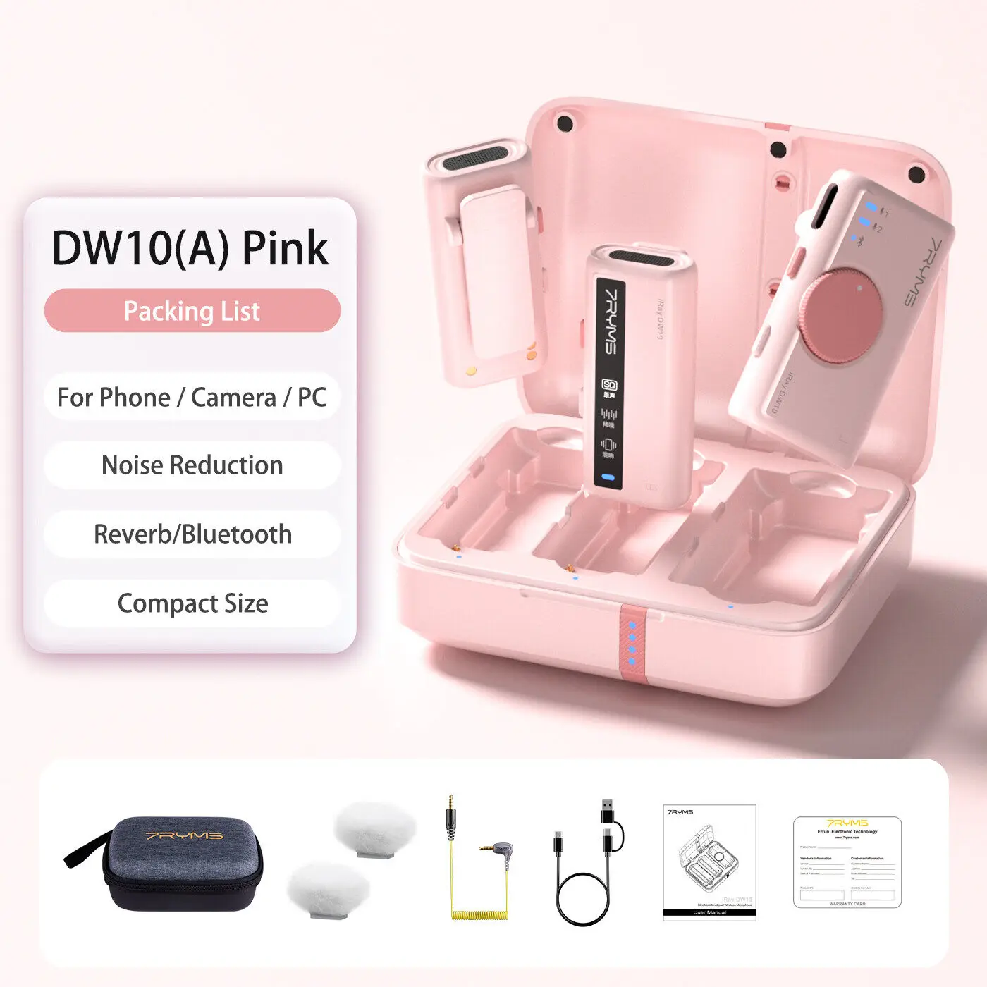 7Ryms iRay DW10 Mini multifunctionele draadloze microfoon met vier kleurversies, pure geluidskwaliteit voor smartphones