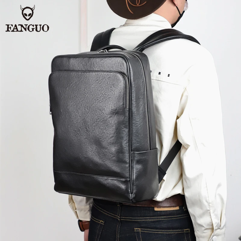 Fashion Genuine Leather Backpack Men Bagpack Student School Bag Backpack daily male Rucksack large Knapsack Black