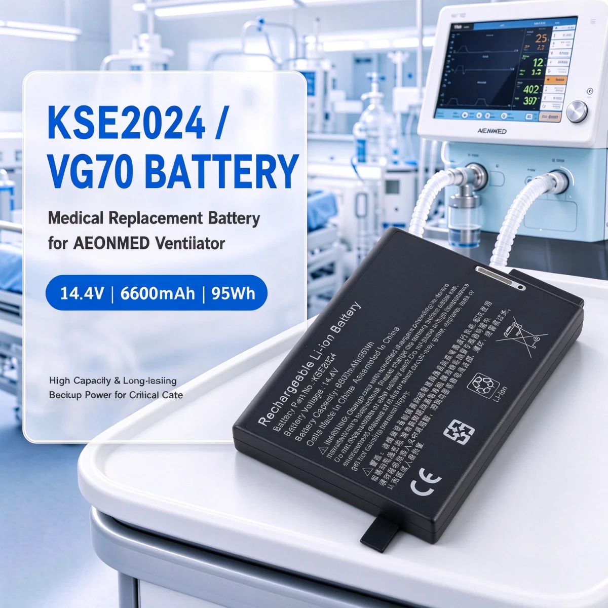 KSE2024 RRC2024 JW-2024 14.4V 6600mAh Replacement Medical Battery Compatible with AEONMED VG70 Lung Ventilator