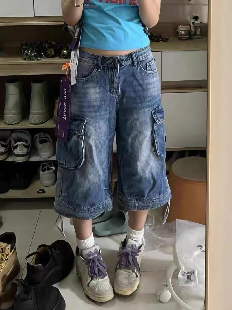 

Женские синие рабочие джинсовые шорты в стиле ретро с несколькими карманами, уличная мода в стиле панк, свободные укороченные брюки с высокой талией, средние шорты Kpop