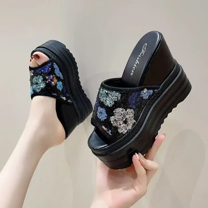12cm Women's Sequin Slippers Summer 2025 Fashion Wedges with Thick Soles Casual High Heels Shoe Internal Increase Ladies Sandals