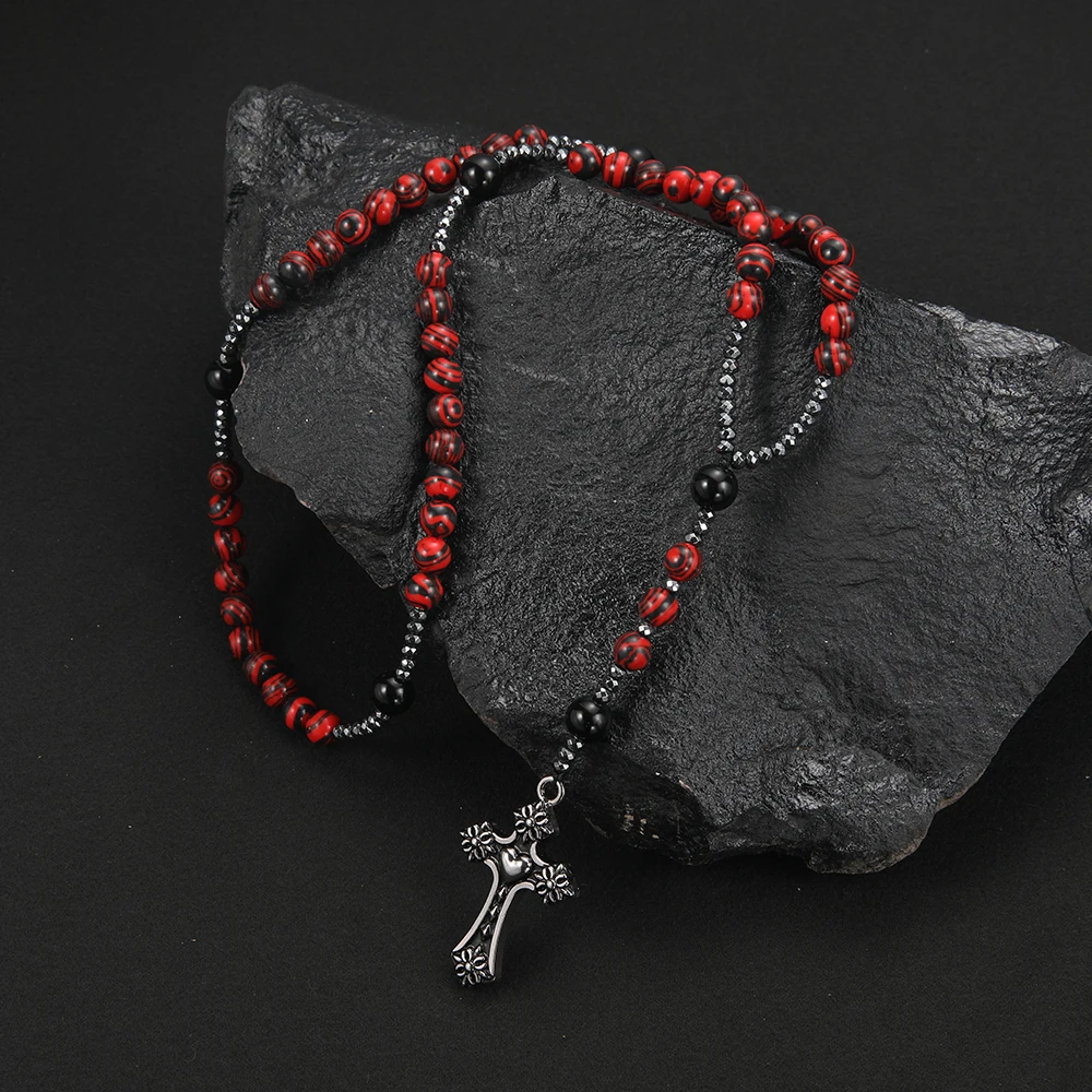 8mm Red Stone Beaded Necklace with Cross Pendant for Men and Women