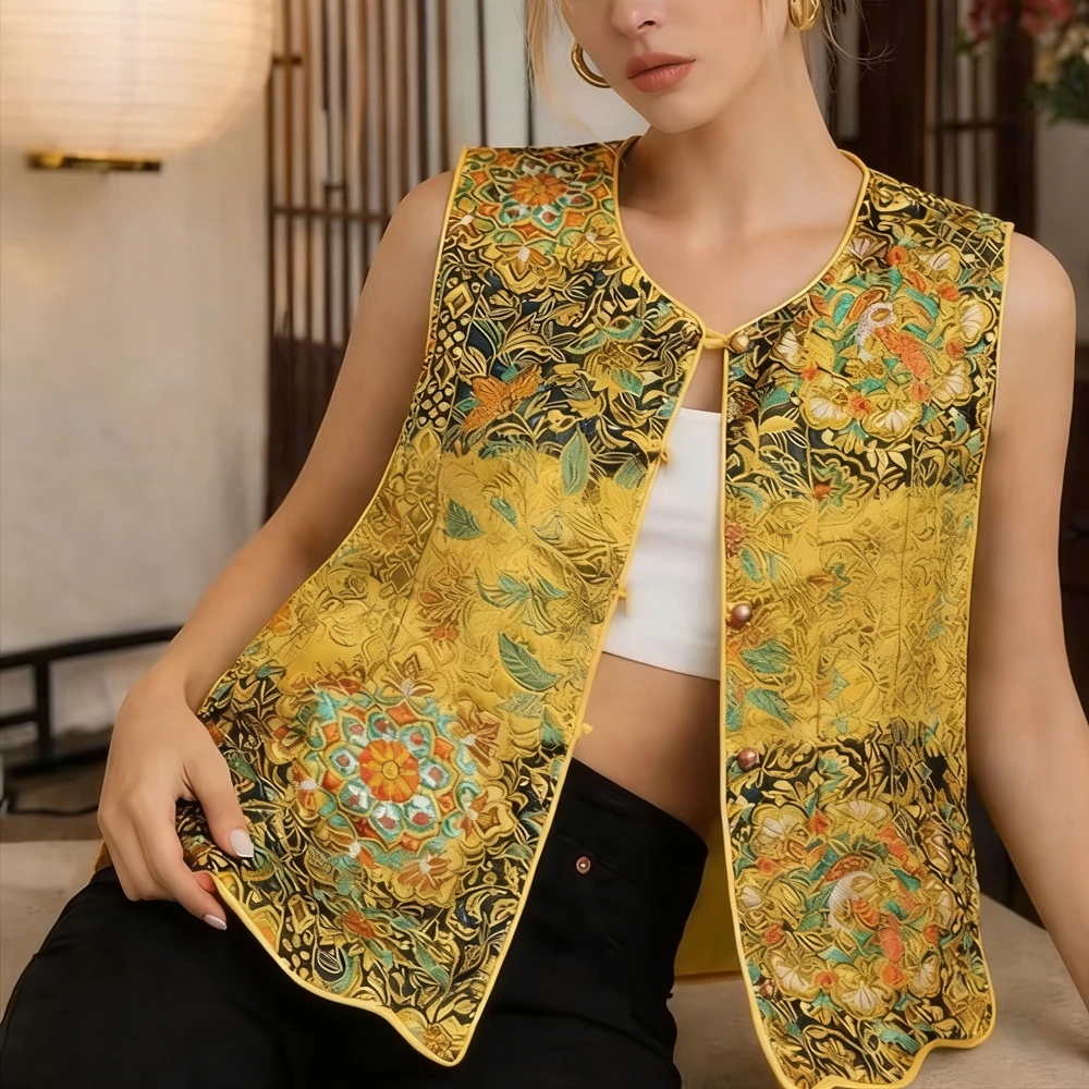 

Новый жаккардовый жилет-кардиган в китайском стиле 2026 года, весенний женский топ-ципао, сексуальный жилет без рукавов, модная уличная одежда