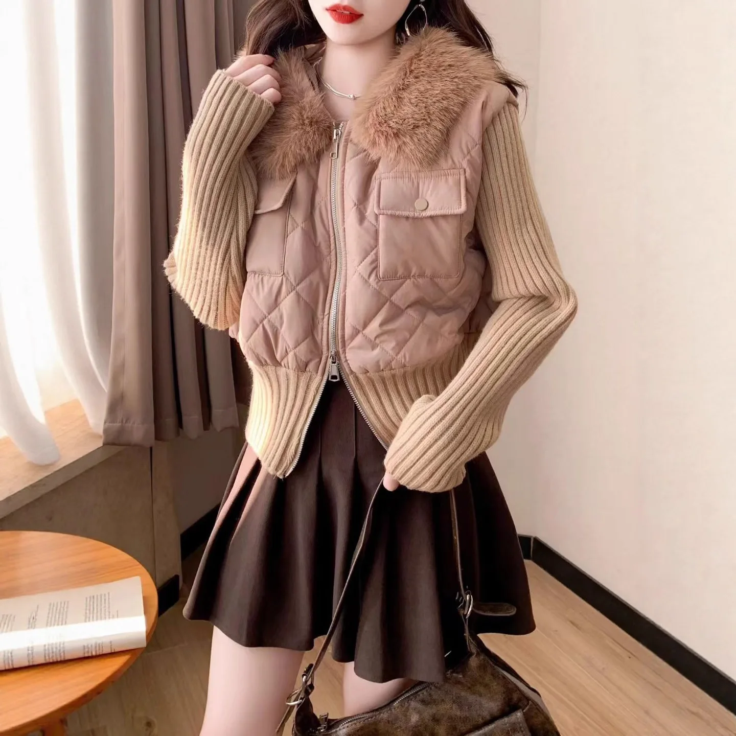 

Женский кардиган с капюшоном, тонкий лоскутный плюшевый воротник с хлопковой подкладкой, короткие вязаные свитера с высокой талией, новинка 2025, осенняя мода