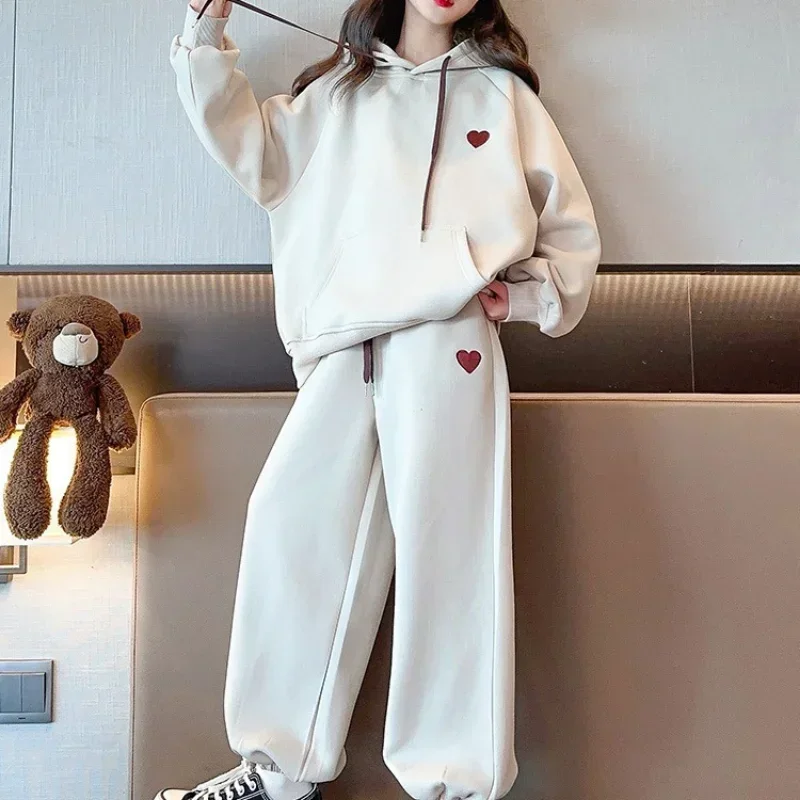 Girls Autumn Winter Fashion Ins Ootd Korean Style 2Pcs Thick Warm Hoodie+Pants Sports Suits 6-14 Years Kids Leisure Clothes Sets