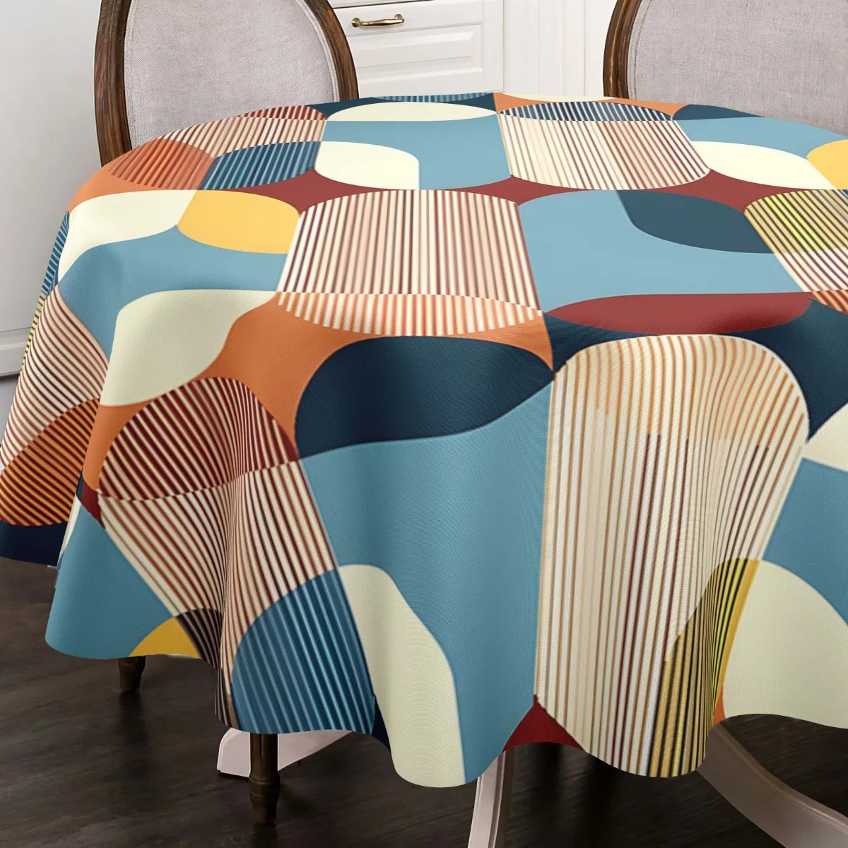 One Nordic-style geometric design tablecloth - bright blue, orange and beige rectangular shapezyc