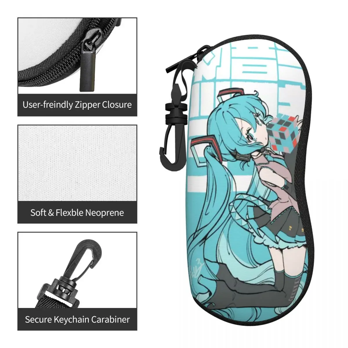 Hatsune Miku casing kacamata cangkang lembut portabel, kantung kacamata ringan ramah perjalanan dengan desain akses mudah