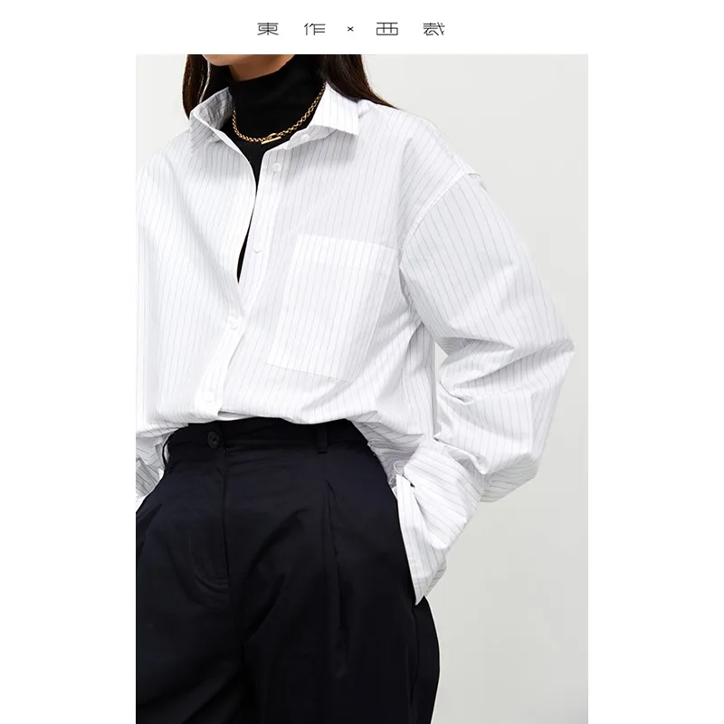 

Стиль бойфренда ~ Ранняя осень, дизайнерская рубашка в полоску большого размера, женский свободный топ средней длины