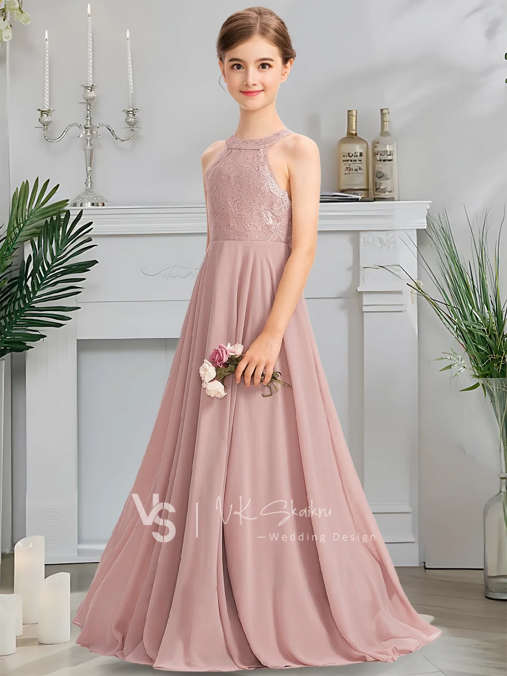 Трапеция с лямкой на шее длиной до пола, шифоновое кружевное платье для подружек невесты, красивое платье с цветочным узором для летнего причастия