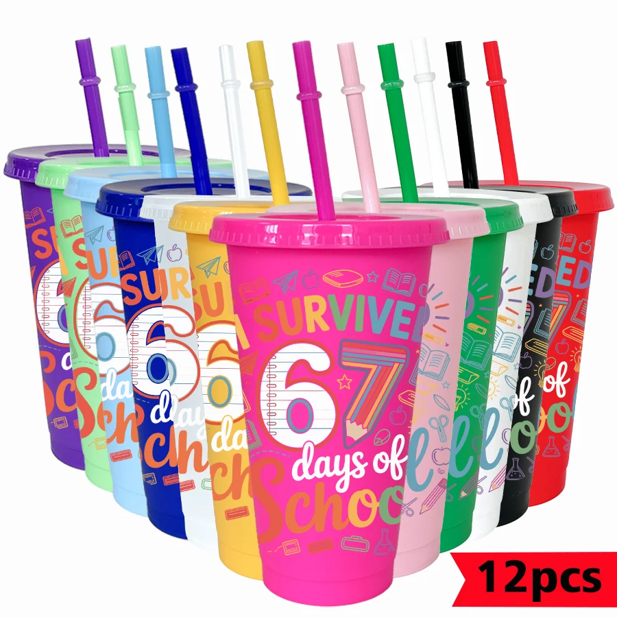 

12Pcs/pack 67 school supplies pattern 26oz colorful plastic tumbler birthday party drinking utensils homecoming water cup