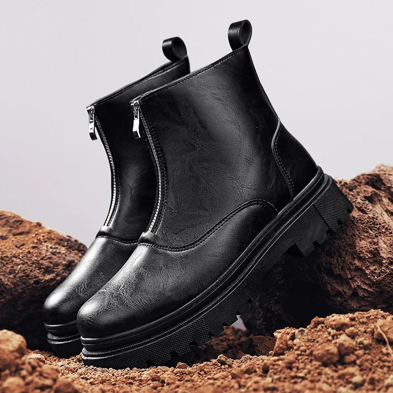 

Men's High-top Boots in Solid Color with Front Zipper Design Fashionable and Versatile for All Seasons Casual Flat Work Boots