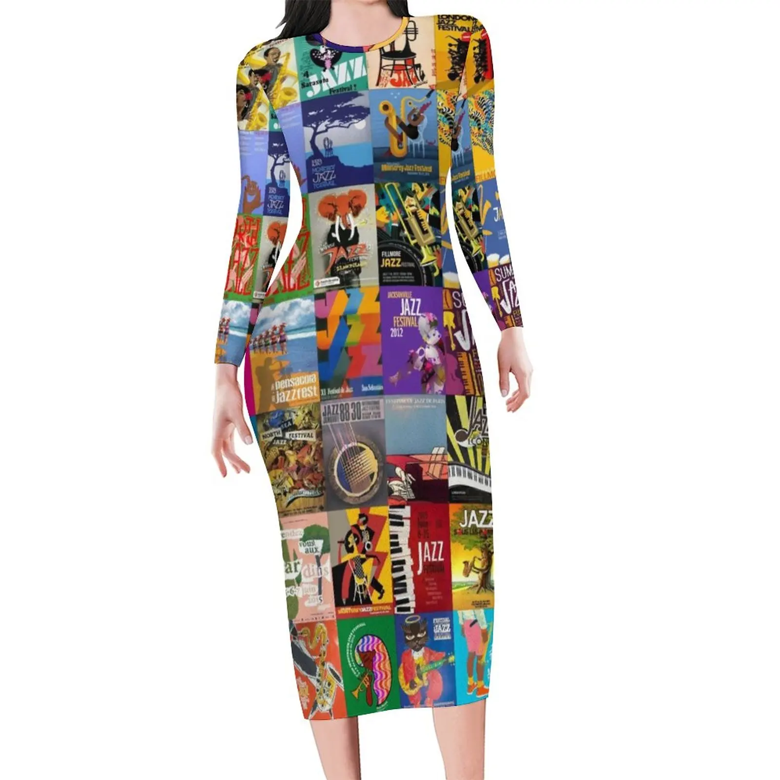 Jazz Festivals Bodycon Dress Womens New Orleans Music Stylish Dresses Autumn Long Sleeve Street Style Graphic Dress Large Size