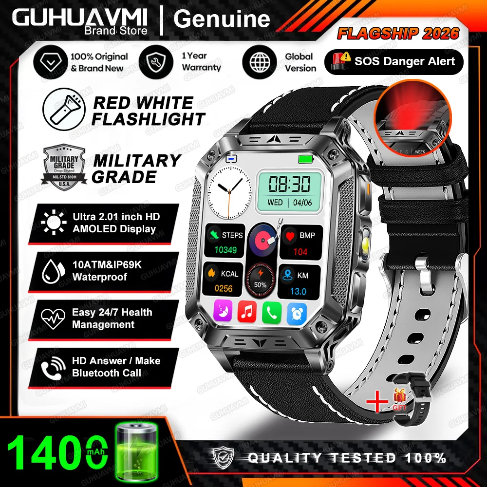 2026 Nieuwe Ingebouwde 1400mAh Supergrote Batterij Heren Smartwatch Outdoor GPS 2.01" AMOLED Scherm 10ATM Waterdicht BT Oproep Smartwatch