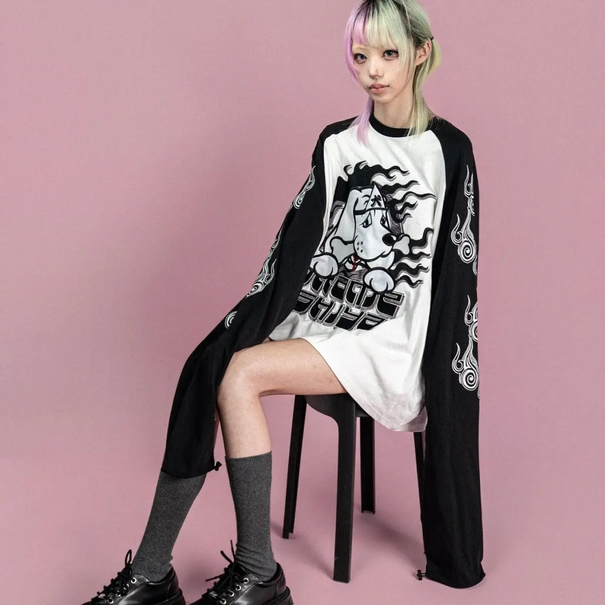 Y2K Harajuku Long Sleeve T Shirt Women Pink Purple Raglan Sleeve Cartoon Ghost Dog Foam Print Loose Fit Casual Daily Outfit