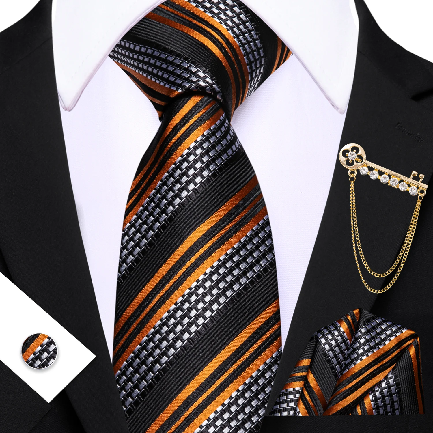 Men's Fashion Striped Mint Green Navy Blue Tie Set with Matching Pocket Square & Cufflinks Brooch Casual Necktie Accessories