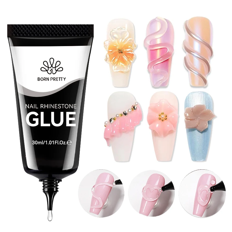 BORN PRETTY Gel de Uñas con Diamantes de Imitación 3D para Modelar y Tallar Flores, Manicura 30g, Gel Súper Adhesivo Sin Limpieza para Polvo y