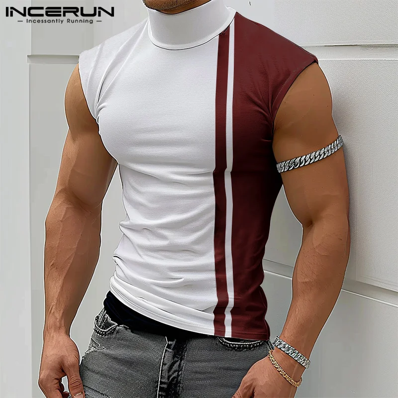 INCERUN 2024 Clothing Men's Color Block Splicing Design Vests Stylish Male Comfortable Semi High Neck Sleeveless Tank Tops S-5XL