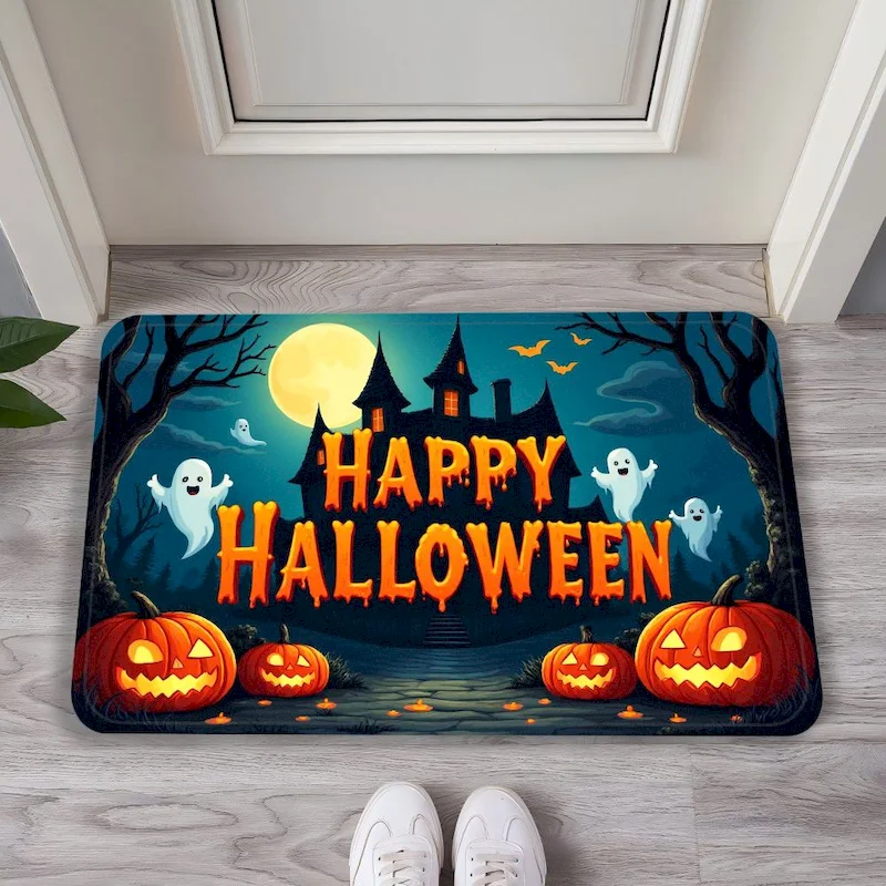 VIKAMA Halloween Day Of Death Doormat Ghost Skeleton Castle Pumpkin Print Anti Slip Washable Carpet Home Decoration