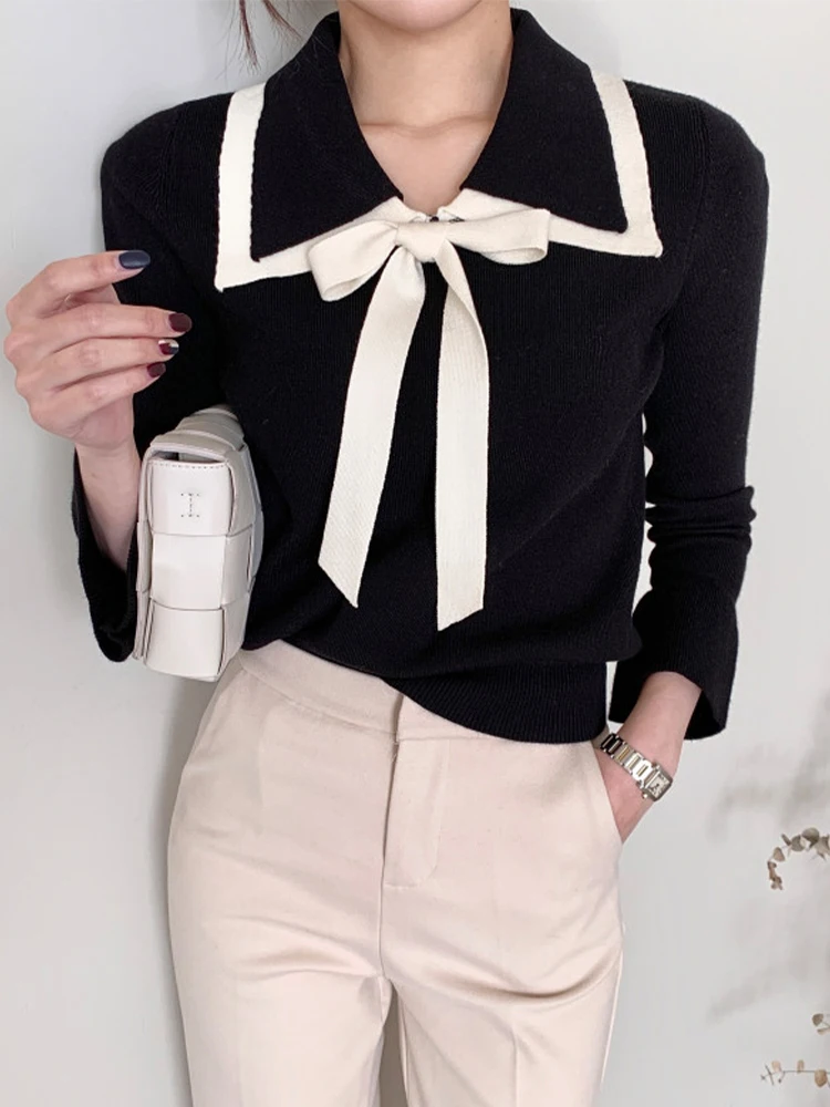 

Fall Winter 2024 Color Block Knitted Sweater Women Lapel Bowknot Lace-up Long Flare Sleeve Tops Pullover Jumper Jacket 47908