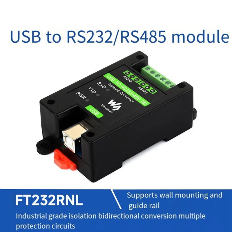 Waveshare Din Rail USB to RS232/485 Industrial Grade Isolated Converter FT232RNL Support Wall-Mount and Rail-Mount