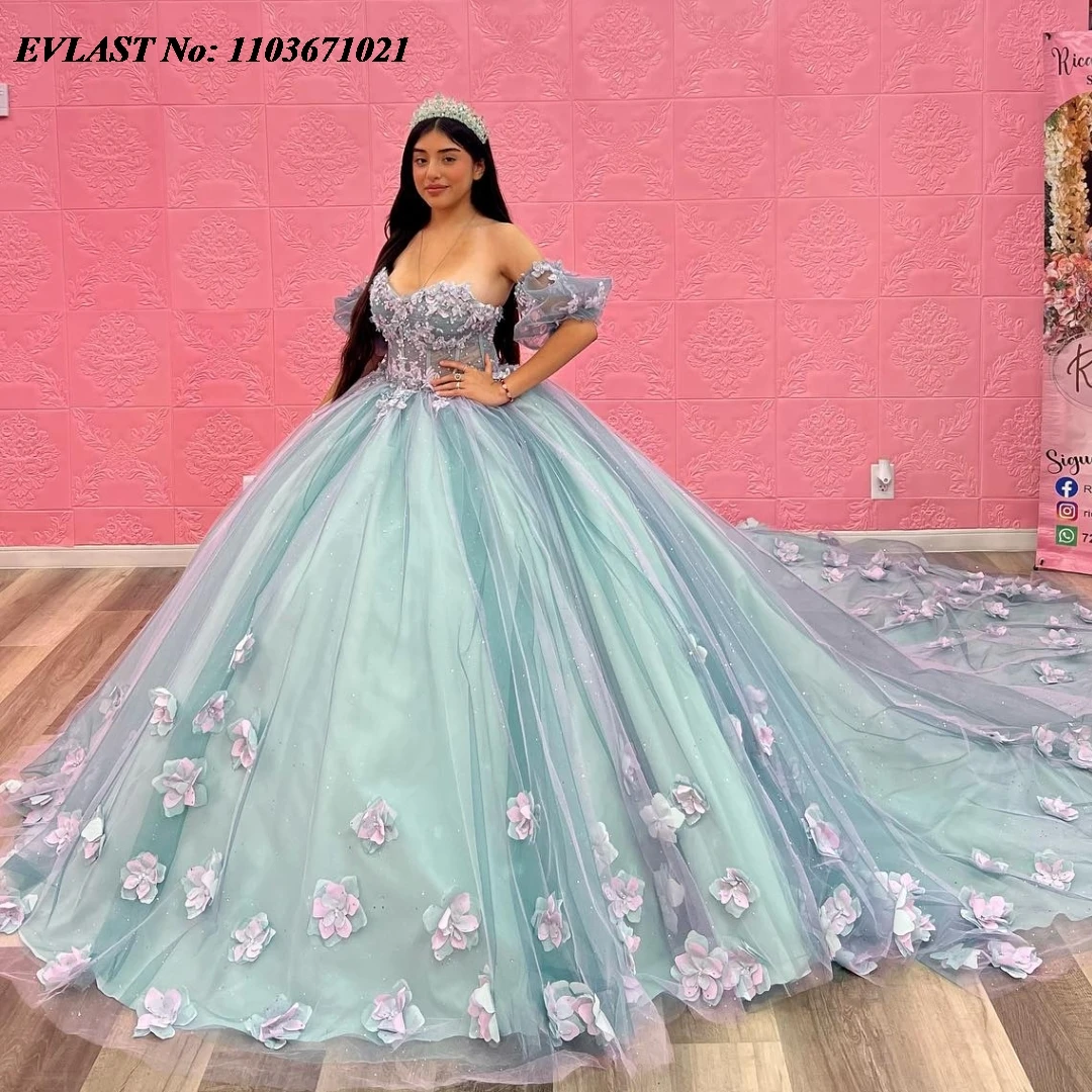 EVLAST-vestido De quinceañera verde menta mexicana, vestido De baile, apliques De encaje Floral 3D, corsé con cuentas, dulce 16 Vestidos De Anos SQ359