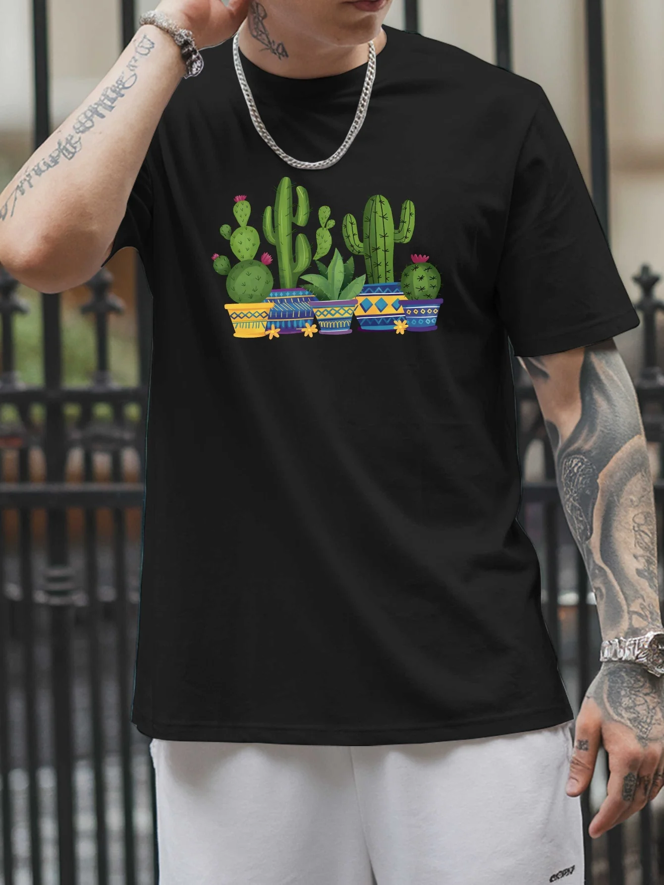 Desert Plant Mens Crew Neck Cotton T Shirt Colorful Potted Cactus Print Short Sleeve Succulent Casual Street Fashion Daily Top