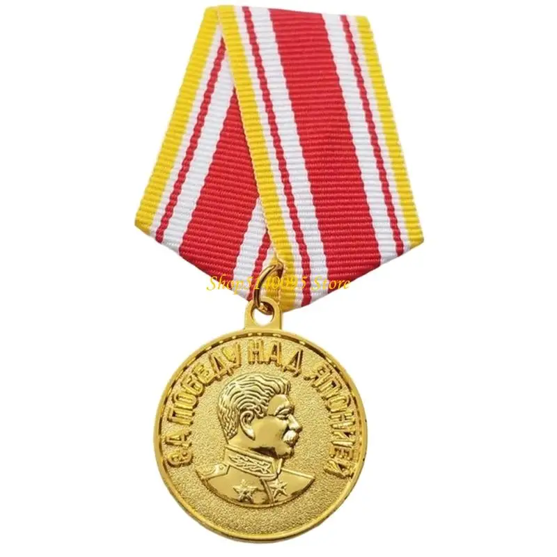 DXAE Historical Ribbon Brooch Gold Tone Badge With Portrait Relief and Cyrillic Detail for Collection Display, Lapel Decoration,