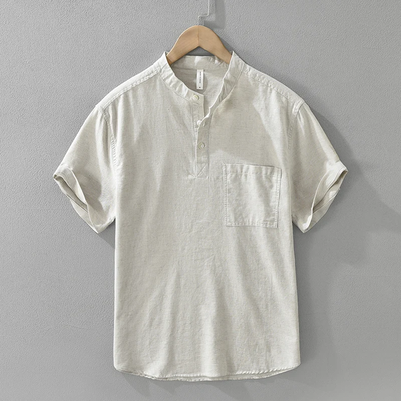 

2026 Summer New Cotton Linen Pullover Short Sleeve Shirt for Men Solid Color Turn-down Collar Shirt
