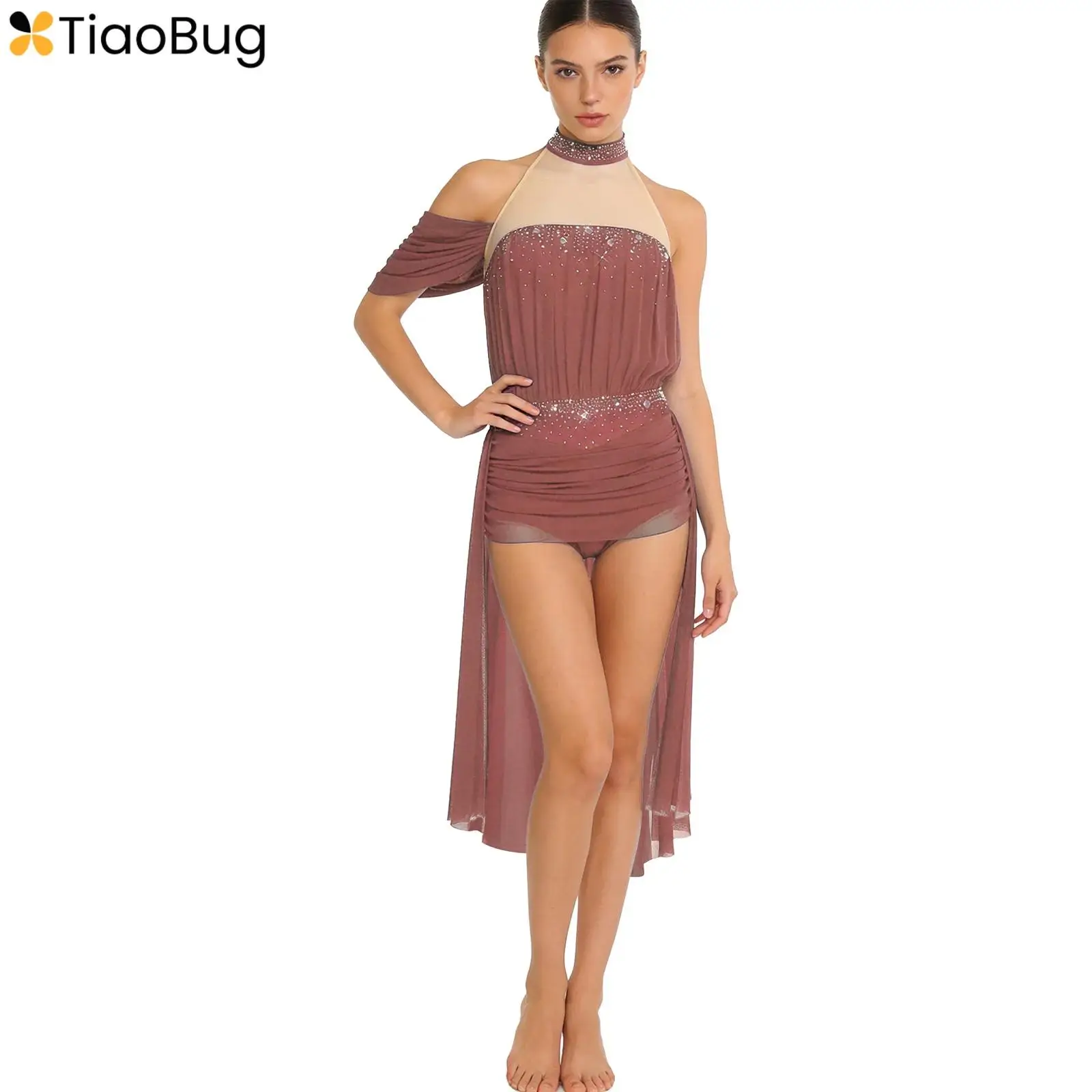 

Womens Latin Tango Dance Dress Halter Backless Rhinestone Ruched Mesh Irregular Hem Leotard Dress for Dance Practice Performance