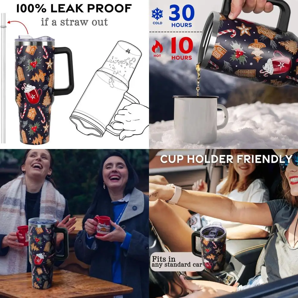 

40oz Insulated Gingerbread House Tumbler with Handle and Straw for Women - Cute Christmas Gift, Stainless Steel Mug