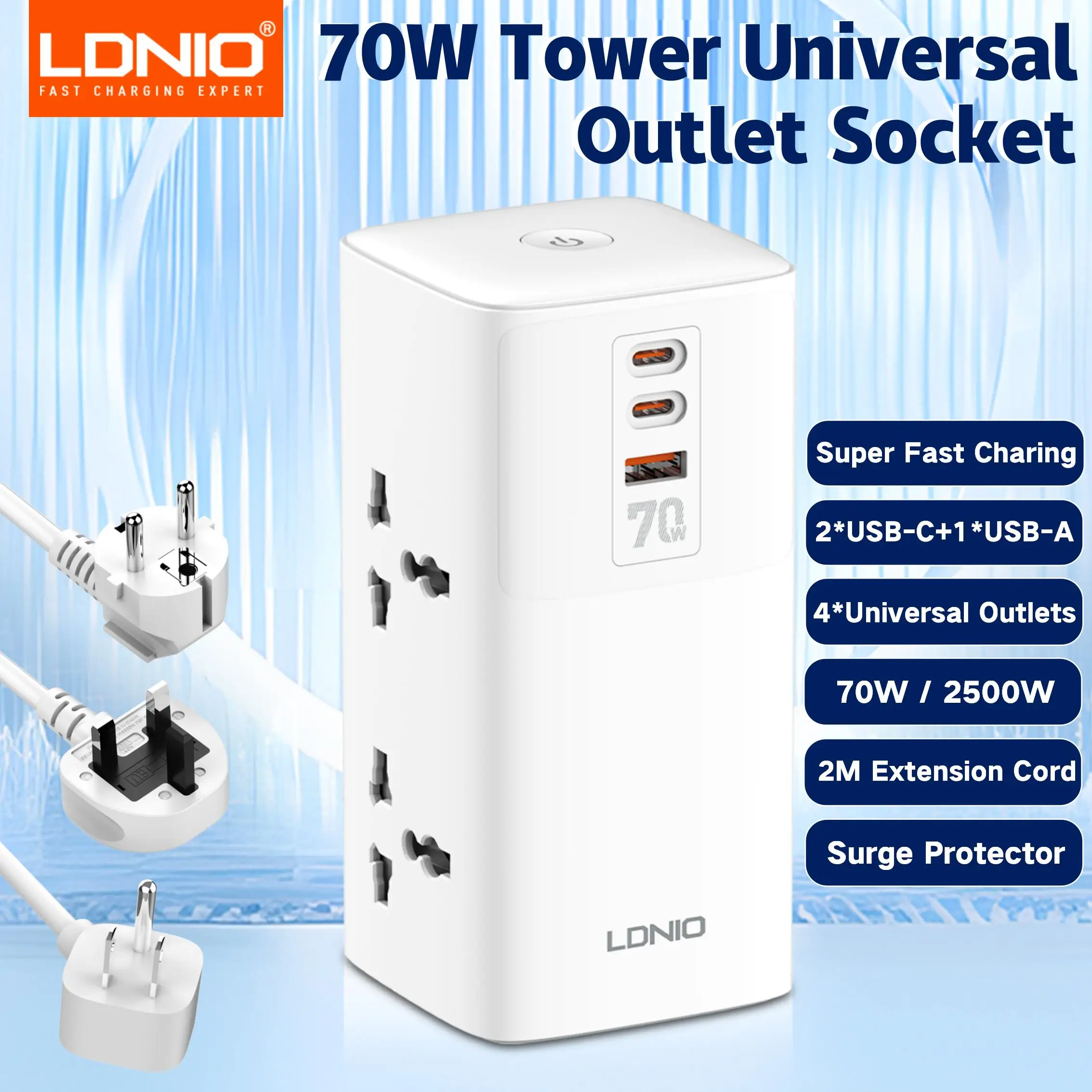 

4-полосные розетки Tower, 70 Вт, USB-разъем питания, вертикальный удлинитель длиной 2 м, вилка питания Великобритании, ЕС, США, Австралии с защитой от перегрузки