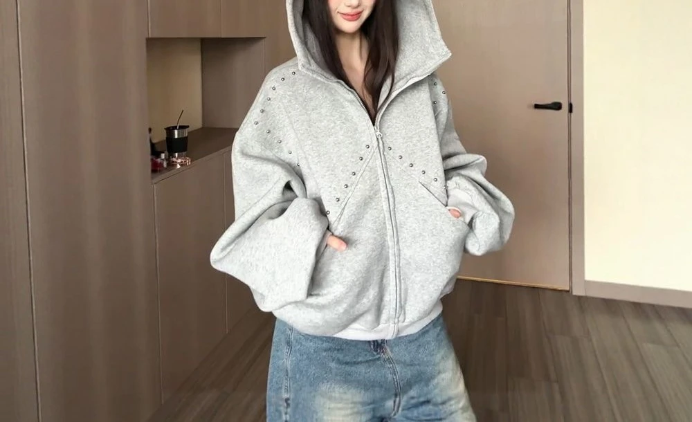 Casual Gray Studded Hooded Cardigan Sweatshirt for Women, Loose Fit Plus Size, Luxurious and Lazy Style Jacket