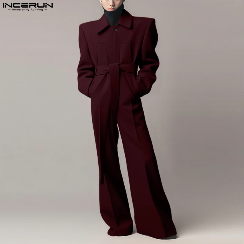 INCERUN Men Overalls Solid Color Lapel Long Sleeve Casual Wide Leg Jumpsuits Loose Streetwear 2025 Fashion Male Rompers S-5XL