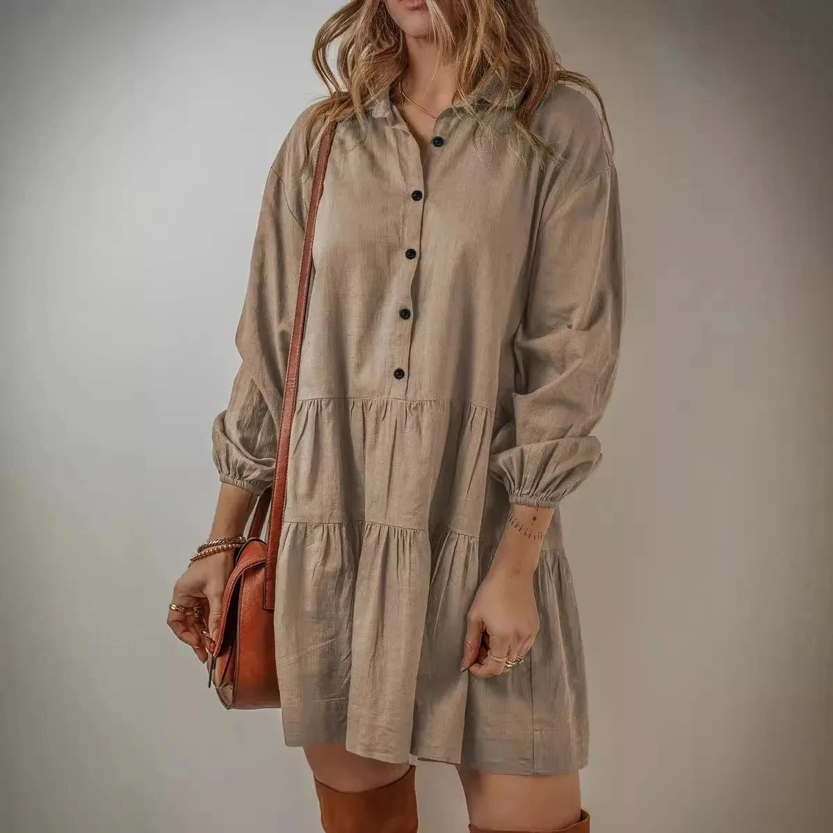 2024 New Fashion Women Mini Dress Casual Loose Button Long Sleeve Ruffles Patchwork Dress Elegant Autumn Solid Short Dresses