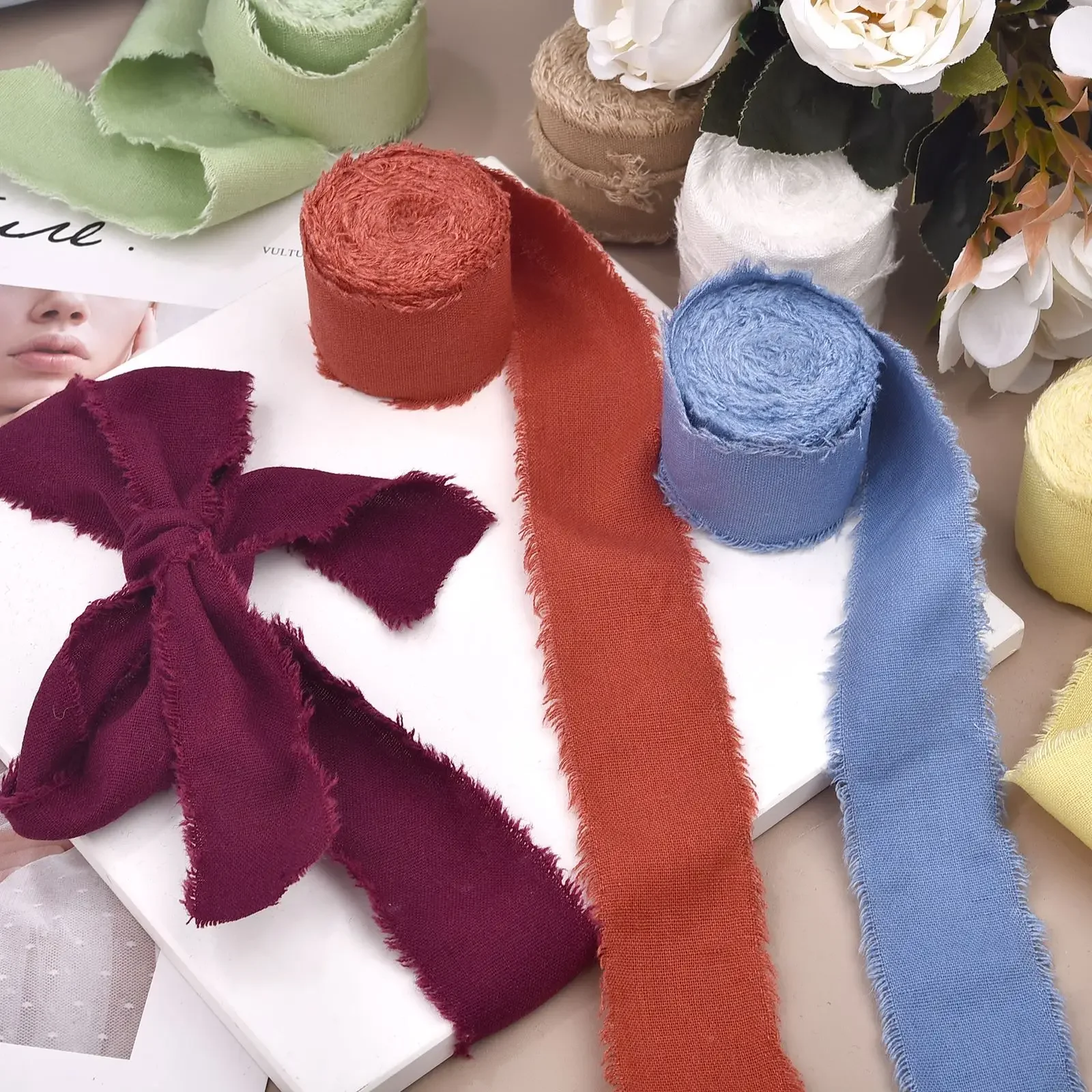 4 سنتيمتر x 5 متر المتوترة باليد حافة شريط كتان من القطن لباقات دعوة الزفاف التفاف هدايا عيد الميلاد عيد الحب الزينة