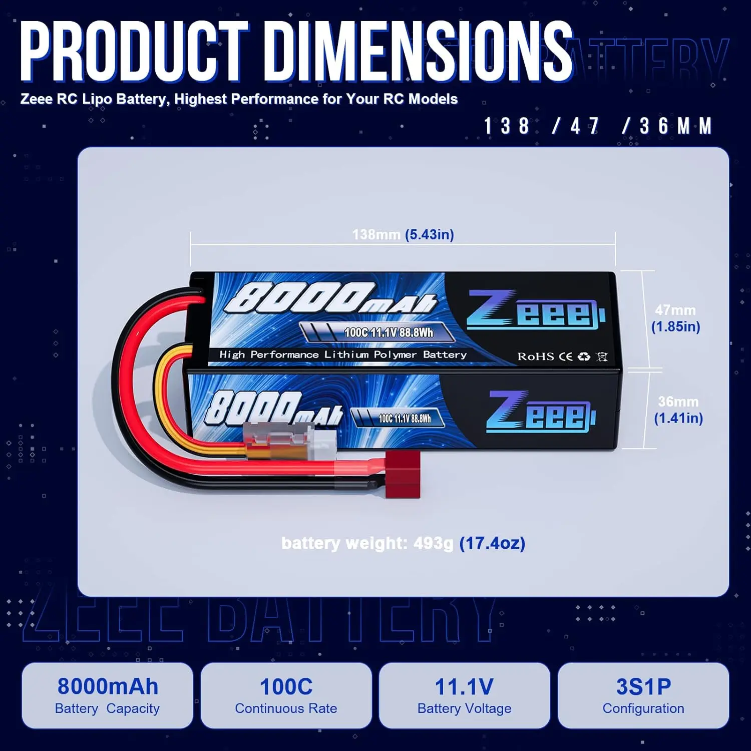 Zeee Lipo 3S 8000mAh Battery 11.1V 100C with Deans Plug for RC Car Lipo Battery Truck RC FPV Drone Airplane Boat Buggy Parts