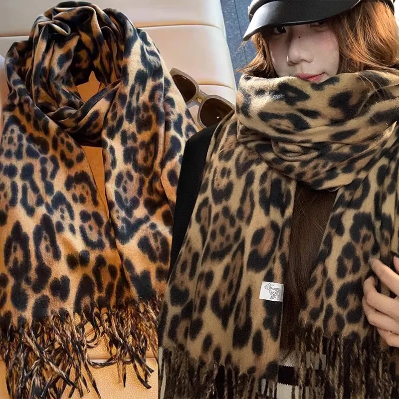 

Зимний утолщенный женский шарф с леопардовым принтом и кисточками, модный теплый шаль для шеи, винтажные корейские длинные шарфы для женщин