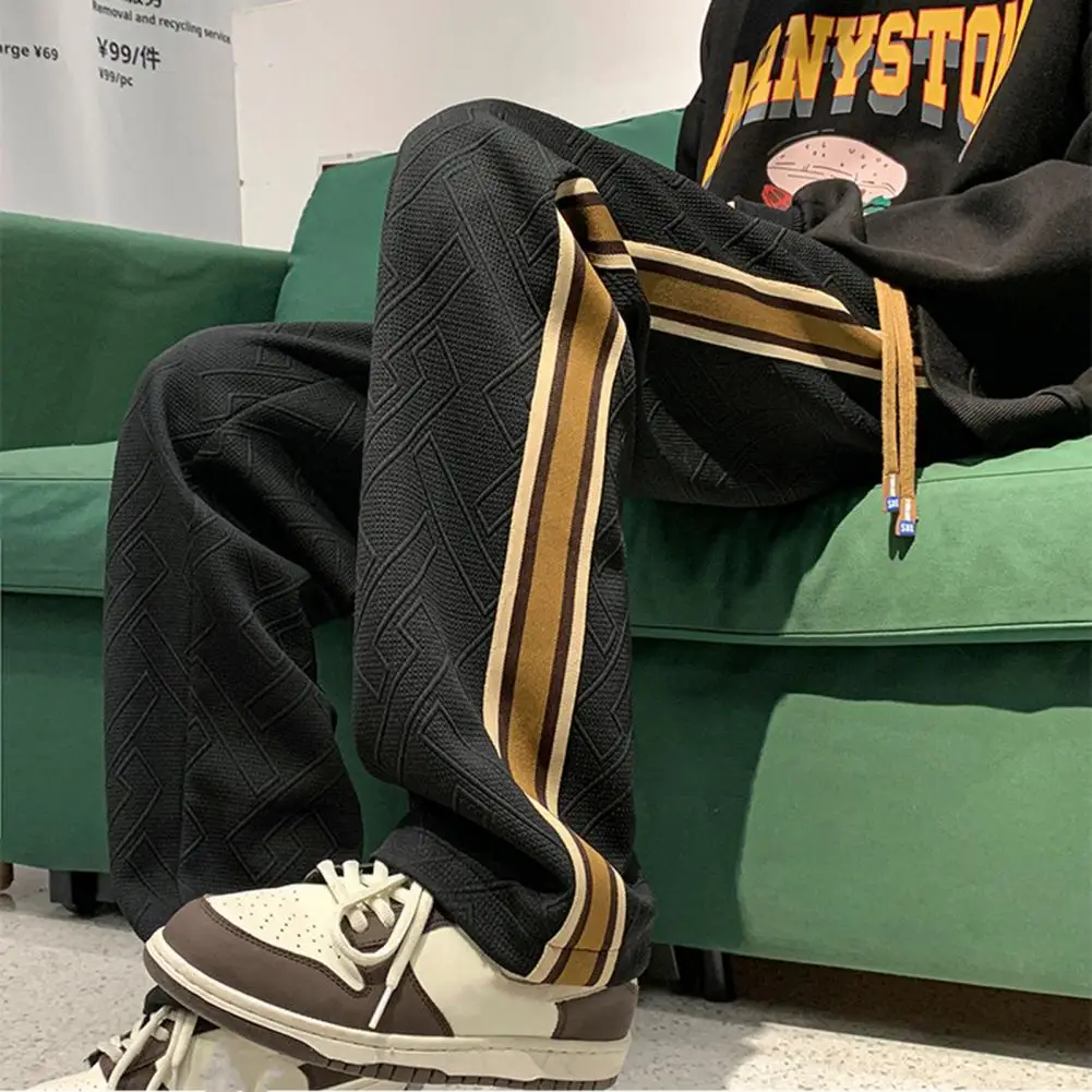 Men Pants Hip Hop Loose Wide Leg Color Matching Drawstring Striped Men Pants Geometric Texture Casual Men Sports Sweatpants