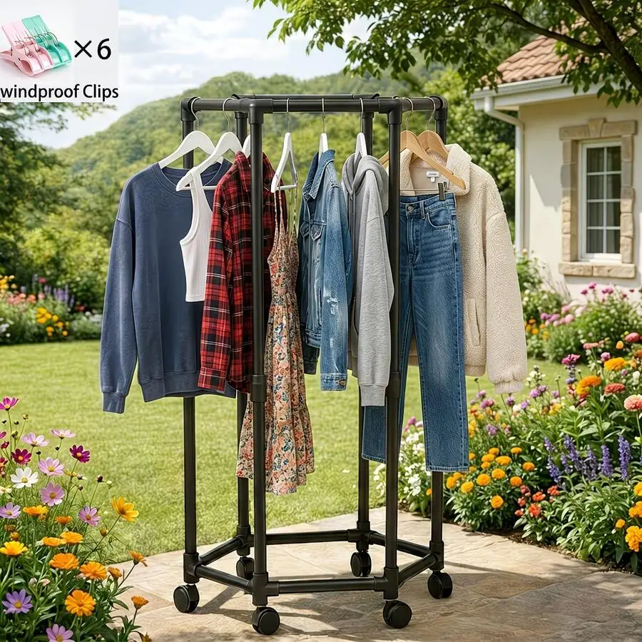 Rotating Clothing Rack With Wheels, Heavy Duty Metal Garment Rack For Hanging Clothes, Multifunctional Rotating Clothing Organiz